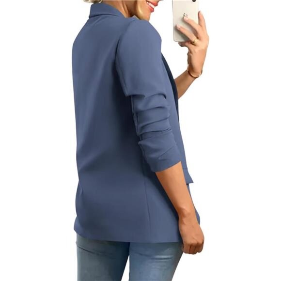 Womens Blazer Sleeve Open Front Jackets Blue - Picture 2 of 6